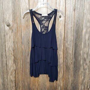Love & Peace M Tank Top Navy Blue Lace Tiered Ruffle Stretch Knit Sleeveless